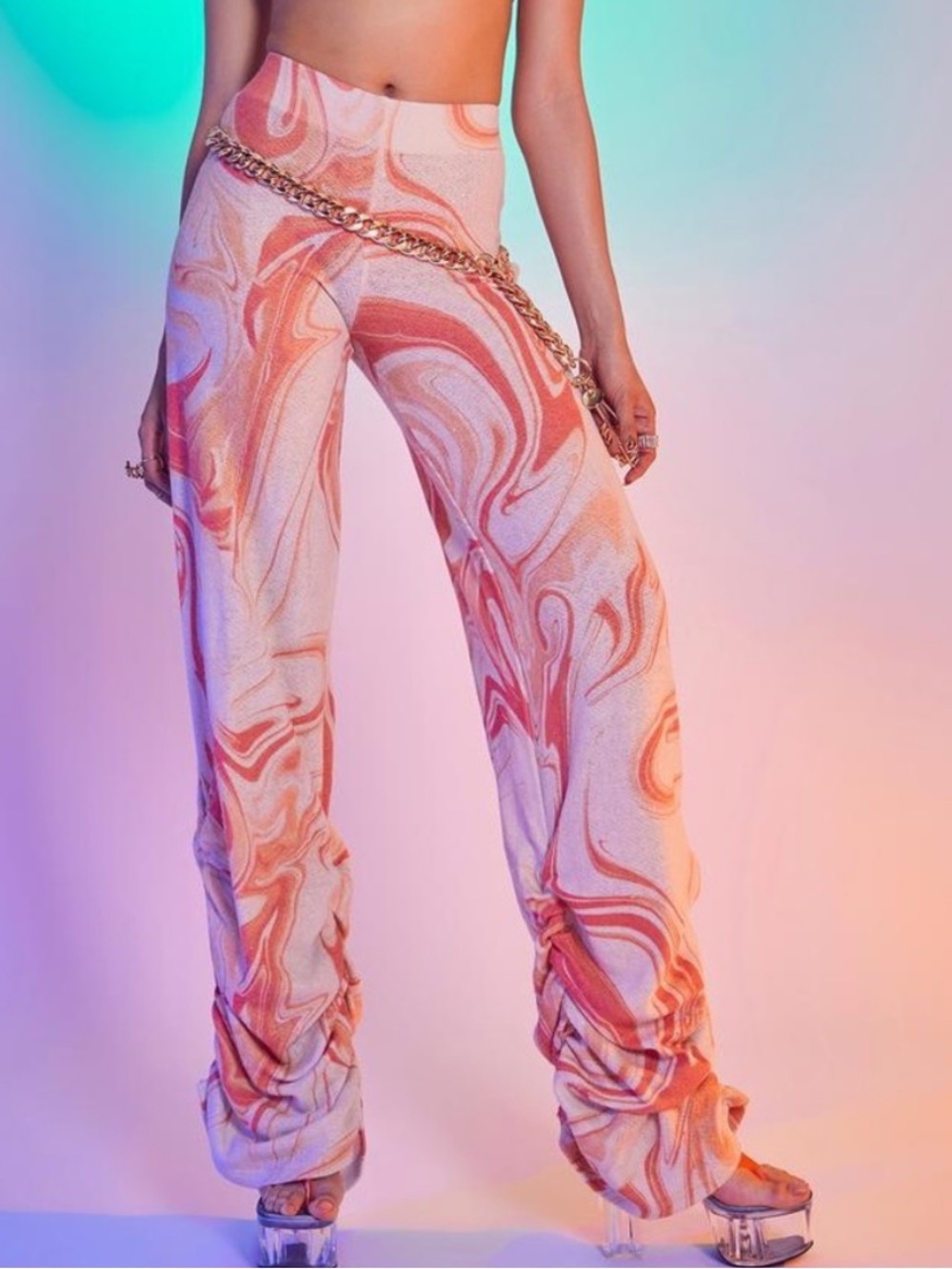 NWOT Jaded London Orange Swirl Ruched Hem Knit Pants Size 8 US 12 UK Z533